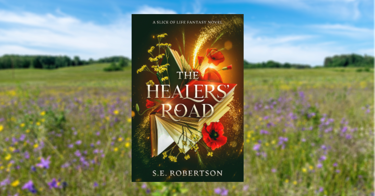 The cover of The Healers' Road, centered on a background of a wildflower meadow.