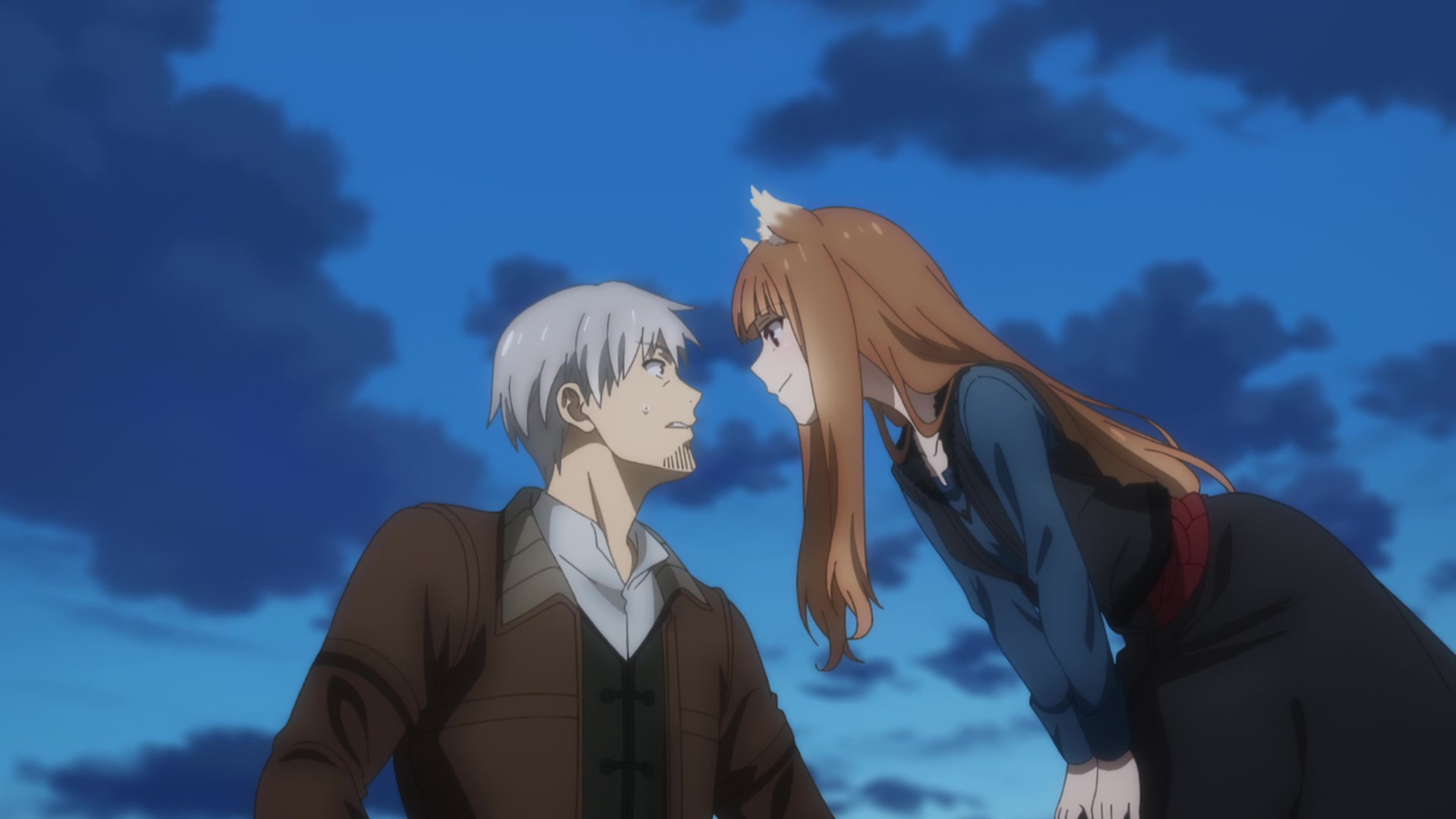 A screencap from the anime Spice and Wolf: Merchant Meets the Wise Wolf. A girl with wolf ears mischievously glares down a man who is sweating nervously and grimacing.