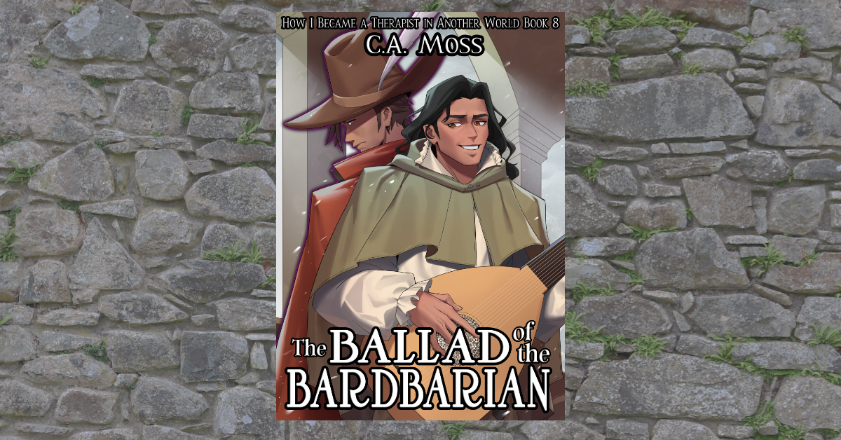 The cover of The Ballad of the Bardbarian, centered on a background of a stone wall.