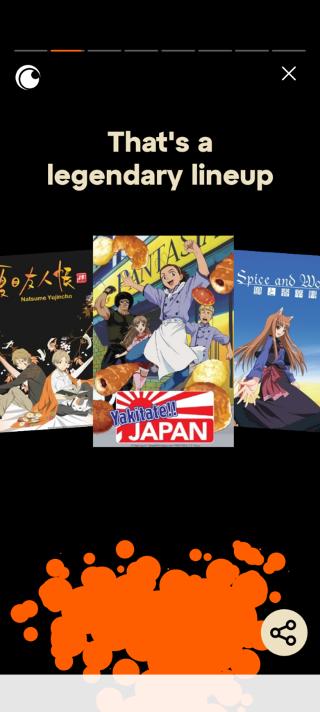 Slide from Crunchyroll, "That's a legendary lineup". They did a 2-1-3 layout, kind of like an Olympic medal platform, I guess? The three are Natsume's Book of Friends (2), Yakitate!! Japan (1), and Spice and Wolf, the first adaptation (3).