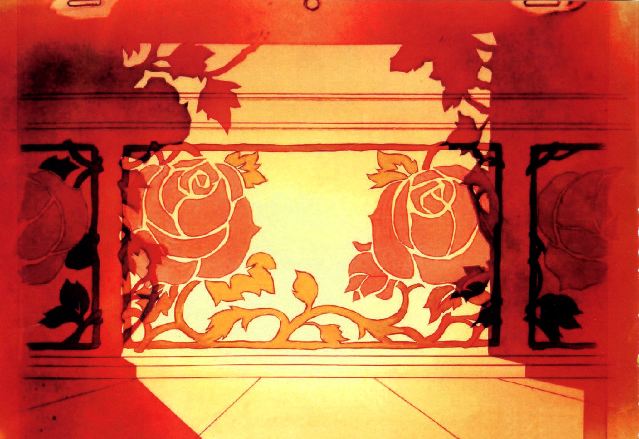 An illustration of a wall with a rose design painted on it. (Though not identifiable as such out of context, this is a screenshot from the anime Revolutionary Girl Utena.)