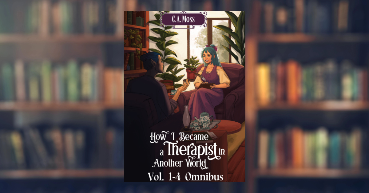 The cover of How I Became a Therapist in Another World vol. 1-4 Omnibus, against a blurred background of a bookshelf.